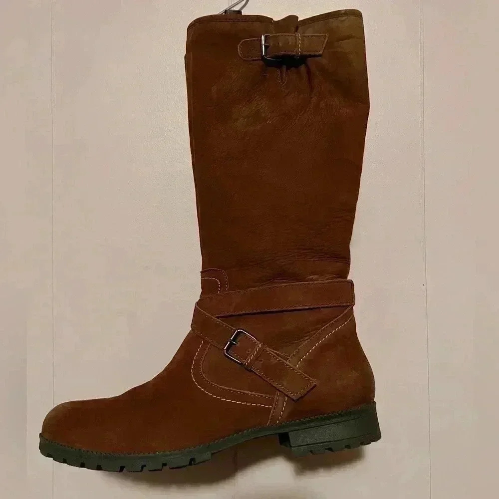 Hotter Belle Womens Knee Length Dark Tan Waxed Nubuck Leather Boots Sz 8‎